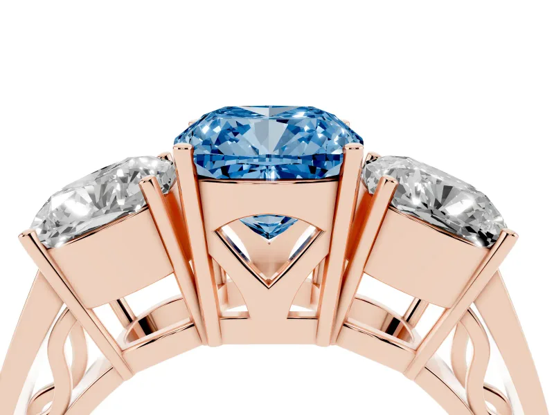 Cushion Cut Three Stone Engagement Ring Setting for a Fancy Blue Lab-Grown Diamond | Beaded Shoulders | Rose Gold