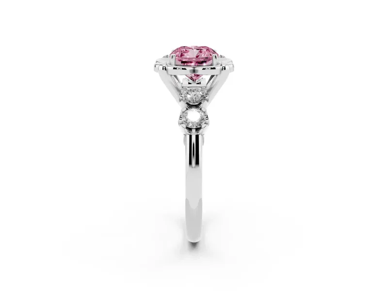 Cushion Cut Floral Engagement Ring Setting for a Fancy Pink Lab-Grown Diamond | Petal Frame and Side Stones | Platinum