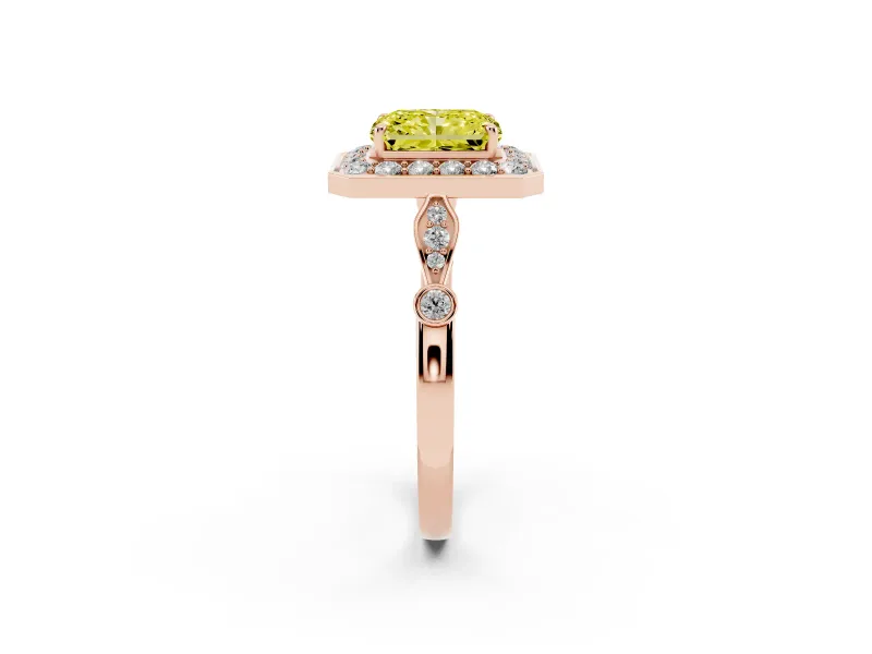 Radiant Cut Halo Engagement Ring Setting for a Fancy Yellow Lab-Grown Diamond | Bezel Station Shoulders | Rose Gold