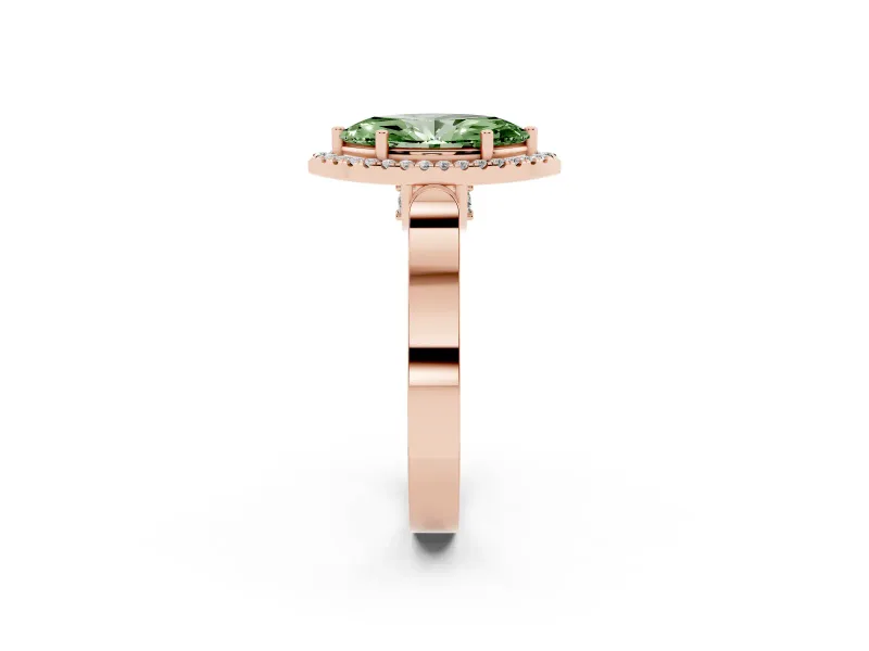 Fancy Green Marquise Cut Diamond Halo Ring Set in Rose gold with Pavé-Lined Split Shank Band