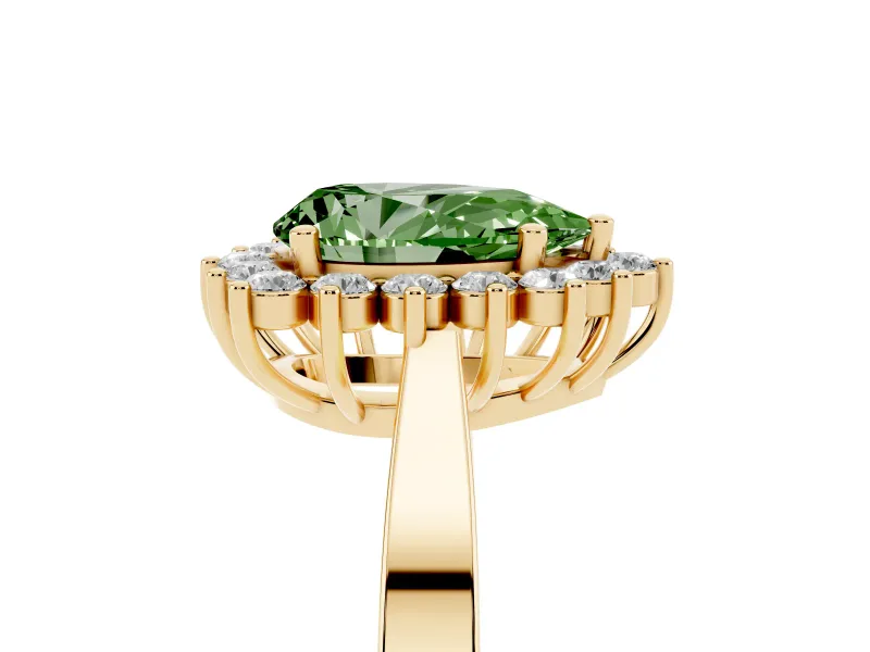Fancy Green Pear Cut Diamond Halo Ring Set in Yellow gold with Round Halo and Smooth Solitaire Band