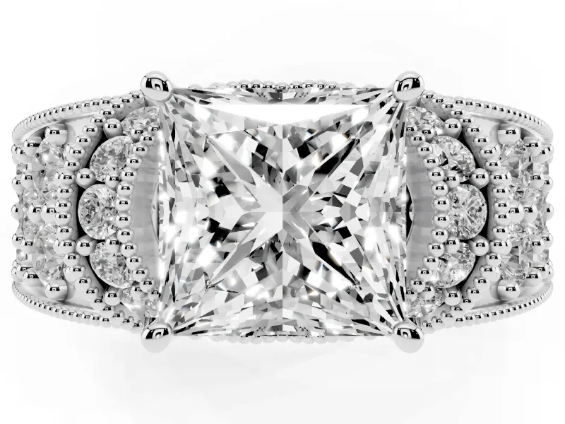 Princess Cut Vintage Milgrain Pave Engagement Ring Setting | Crescent Side Rows | Sterling Silver