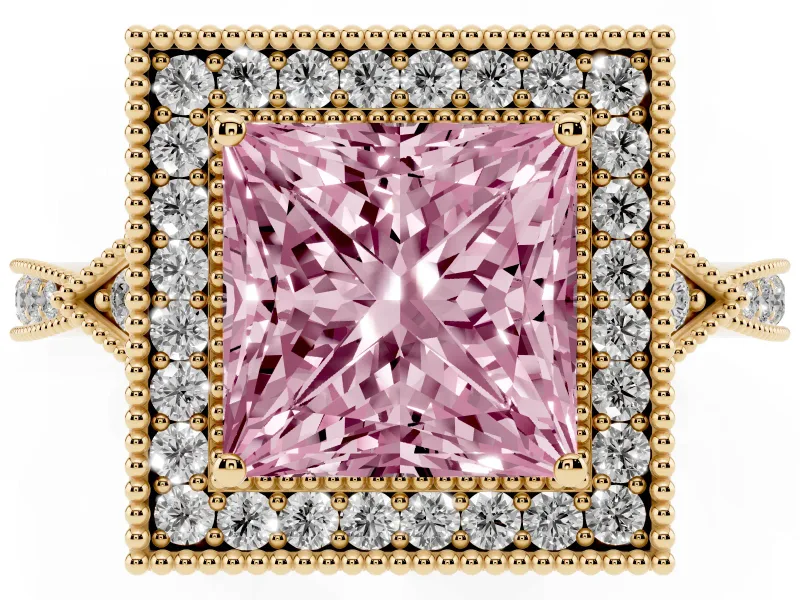 Princess Cut Milgrain Halo Engagement Ring Setting for a Fancy Pink Lab-Grown Diamond | Graduated Pavé | Yellow Gold
