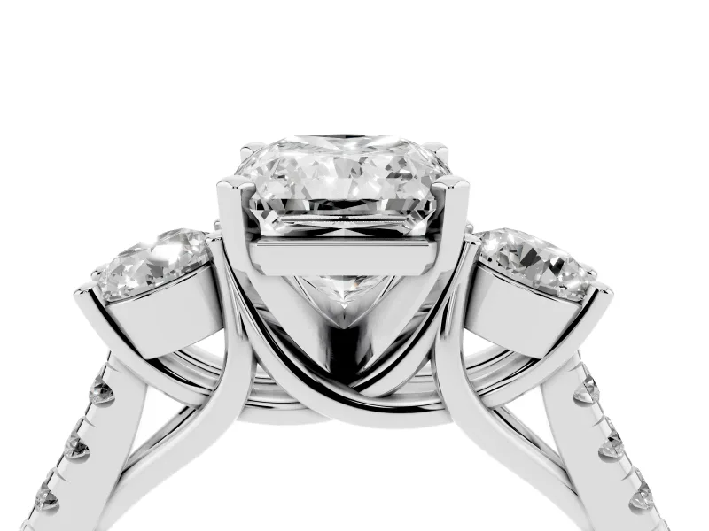 Radiant Cut Three-Stone Pavé Engagement Ring Setting | Round Side Stones | Platinum