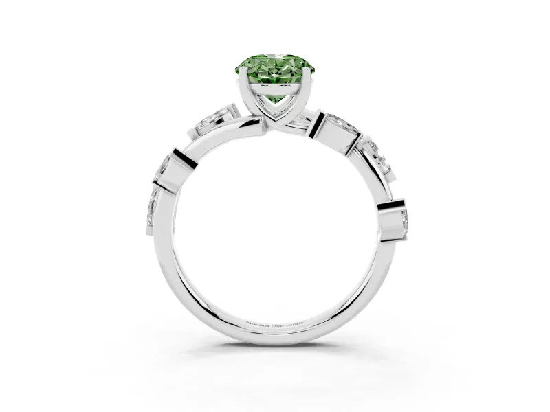 Fancy Green Oval Cut Diamond Solitaire Ring Set in Silver with Twisted Marquise Accent Band
