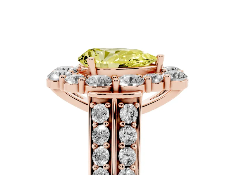 Fancy Yellow Pear Cut Diamond Halo Engagement Ring Set in Rose gold with Split Shank and Prong Setting