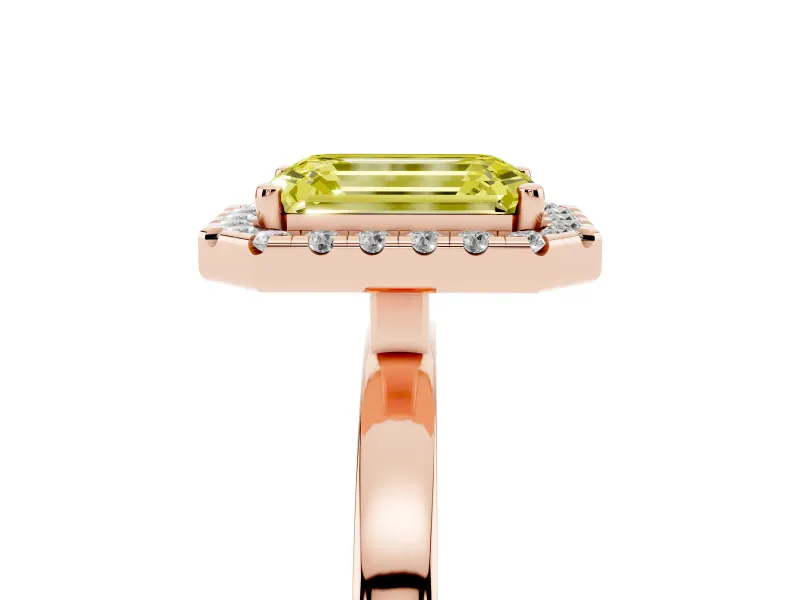Fancy Yellow Emerald Cut Diamond Halo Solitaire Ring Set in Rose gold with Pavé Band and Prong Setting