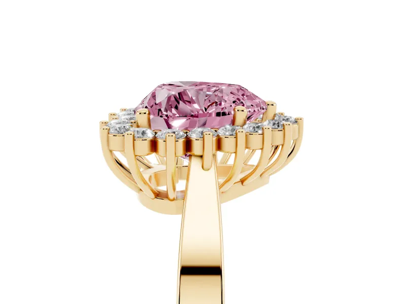 Fancy Pink Heart Cut Diamond Halo Ring Set in Yellow gold with Round Halo and Smooth Solitaire Band