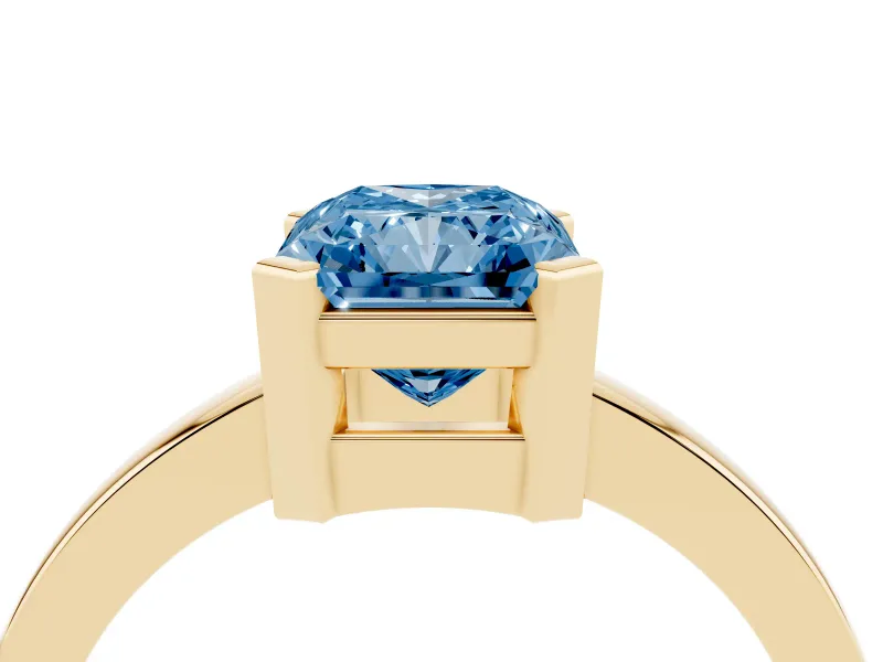 Fancy Blue Radiant Cut Diamond Solitaire Ring Set in Yellow gold with Prong Head and Smooth Polished Band