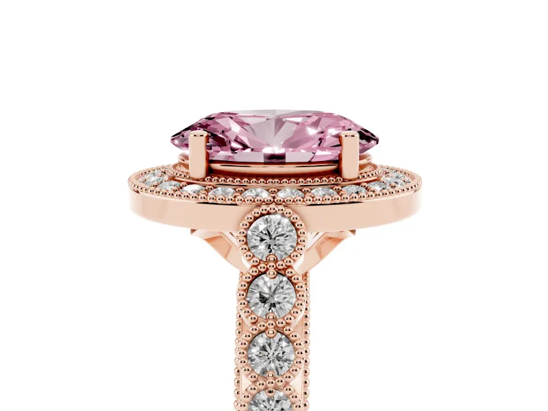 Fancy Pink Oval Cut Diamond Milgrain Halo Solitaire Ring Set in Rose gold with Bezel Set Side Stones and Pavé Band