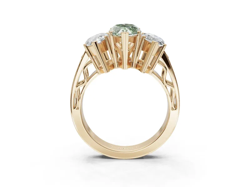 Marquise Three Stone Engagement Ring Setting for a Fancy Green Lab-Grown Diamond | Beaded Shoulders | Yellow Gold