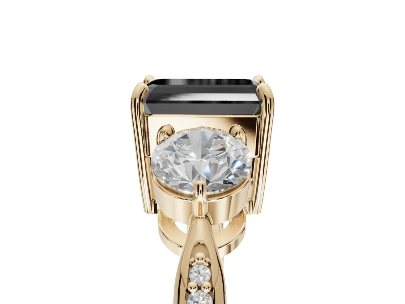 Emerald Cut Three Stone Engagement Ring Setting for a Black Center | Tapered Pavé Band | Yellow Gold