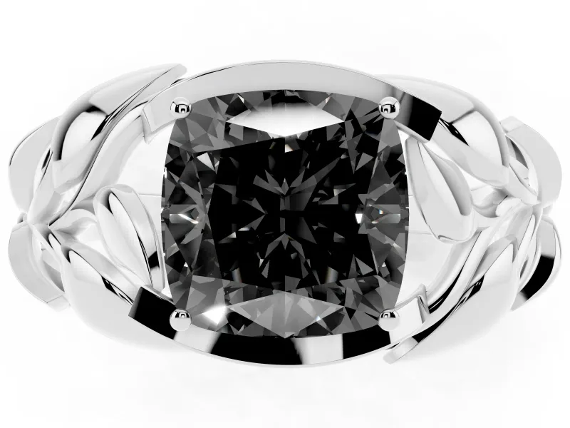 Cushion Cut Leaf Bypass Engagement Ring Setting for a Black Center | Pavé Leaf Accents | White Gold
