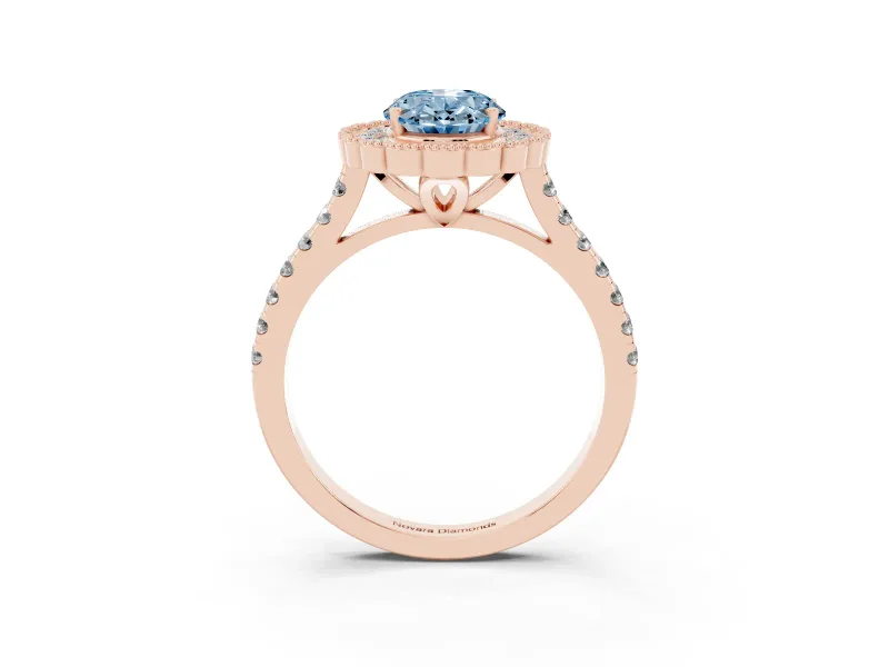 Fancy Blue Oval Cut Diamond Milgrain Floral Halo Engagement Ring Set in Rose gold with Pavé Band