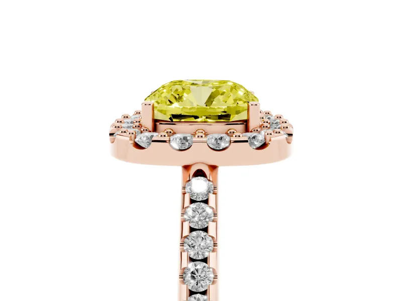 Cushion Cut Pave Halo Engagement Ring Setting for a Fancy Yellow Lab-Grown Diamond | Pave Band | Rose Gold