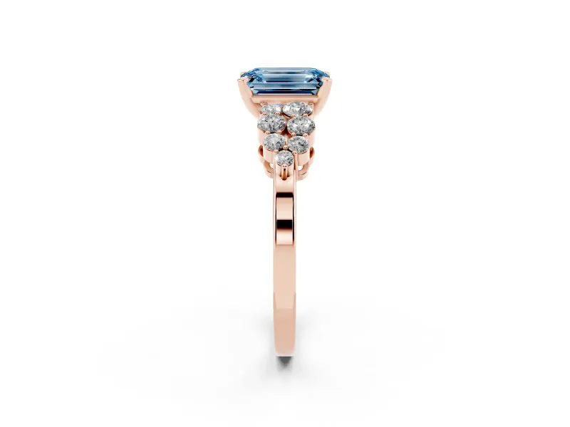 Emerald Cut Side Stone Engagement Ring Setting for a Fancy Blue Lab-Grown Diamond | Shoulder Clusters | Rose Gold