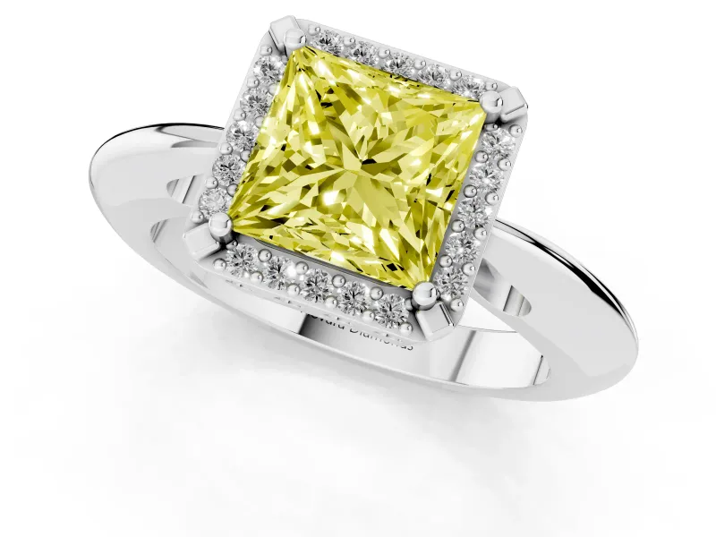 Fancy Yellow Princess Cut Diamond Halo Engagement Ring Set in White gold with Plain Split Shank and Prong Setting