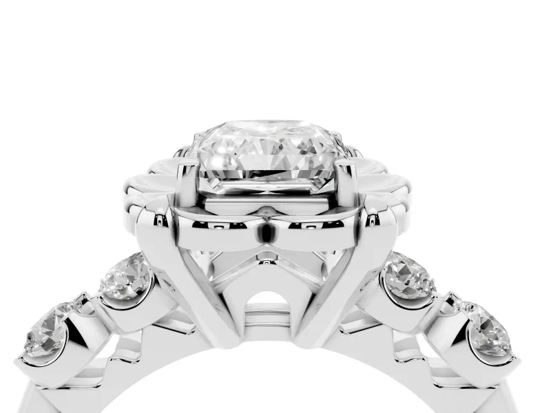 Radiant Cut Diamond Floral Halo Ring Set in Platinum with Shared Prong Band