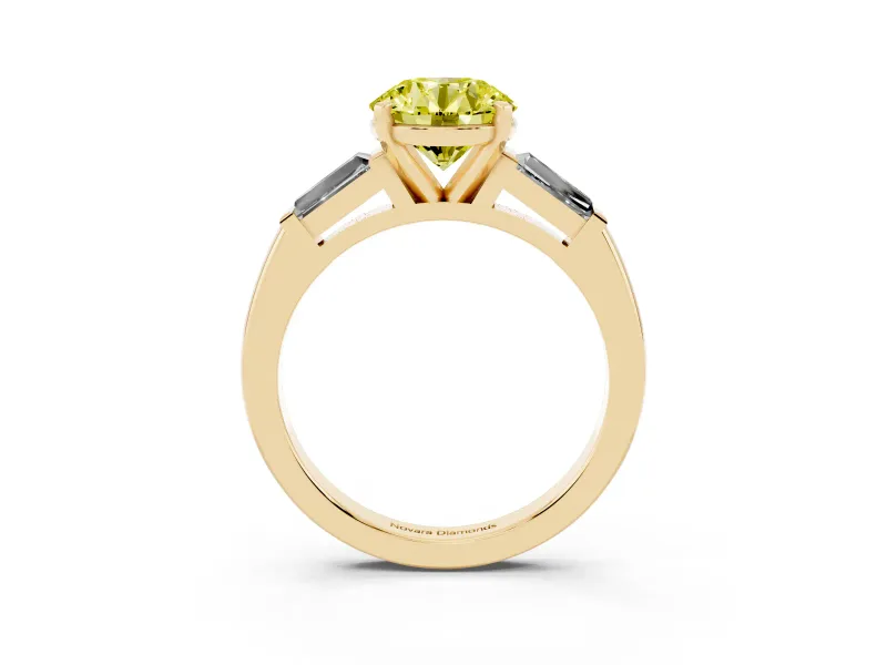 Round Three Stone Engagement Ring Setting for a Fancy Yellow Lab-Grown Diamond | Tapered Baguettes | Yellow Gold