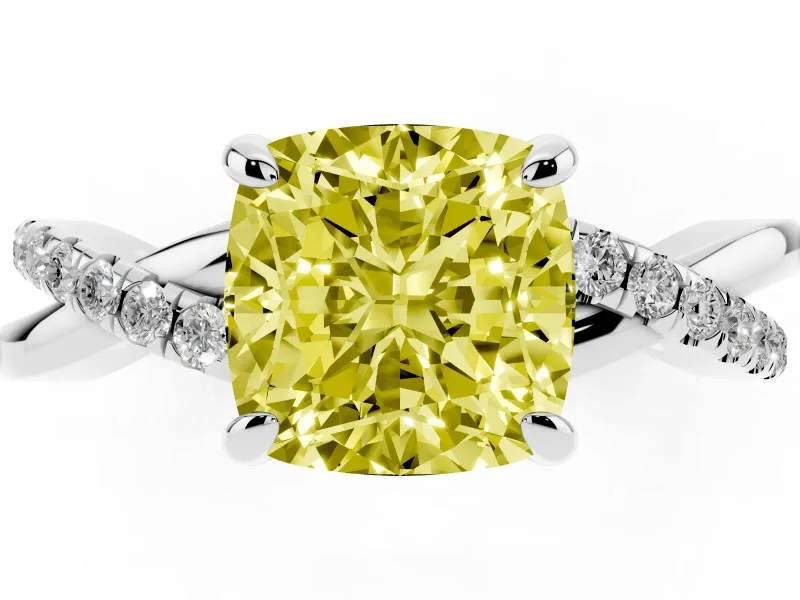 Fancy Yellow Cushion Cut Diamond Twist Band Solitaire Set in White gold with Pavé Accents and Prong Setting