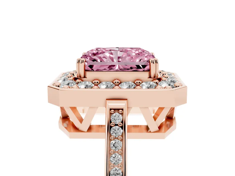 Radiant Cut Halo Engagement Ring Setting for a Fancy Pink Lab-Grown Diamond | Polished Halo Rim | Rose Gold