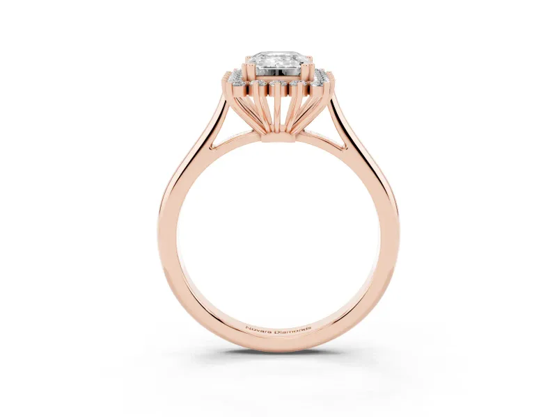 Emerald Cut Starburst Halo Engagement Ring Setting | Thin Plain Band | Rose Gold