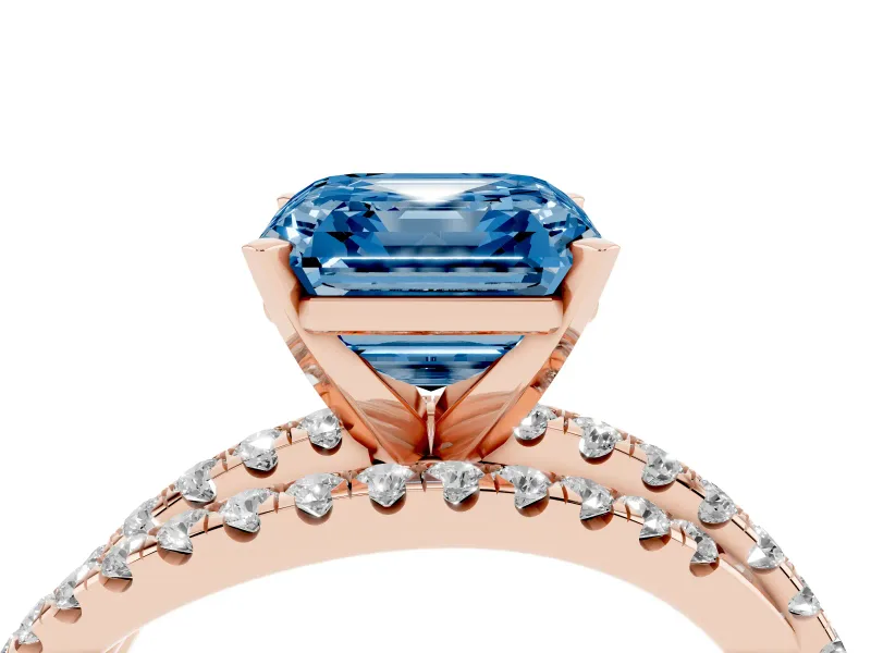 Fancy Blue Asscher Cut Diamond Solitaire Twist Band Ring Set in Rose gold with Pavé Setting and Prong Head