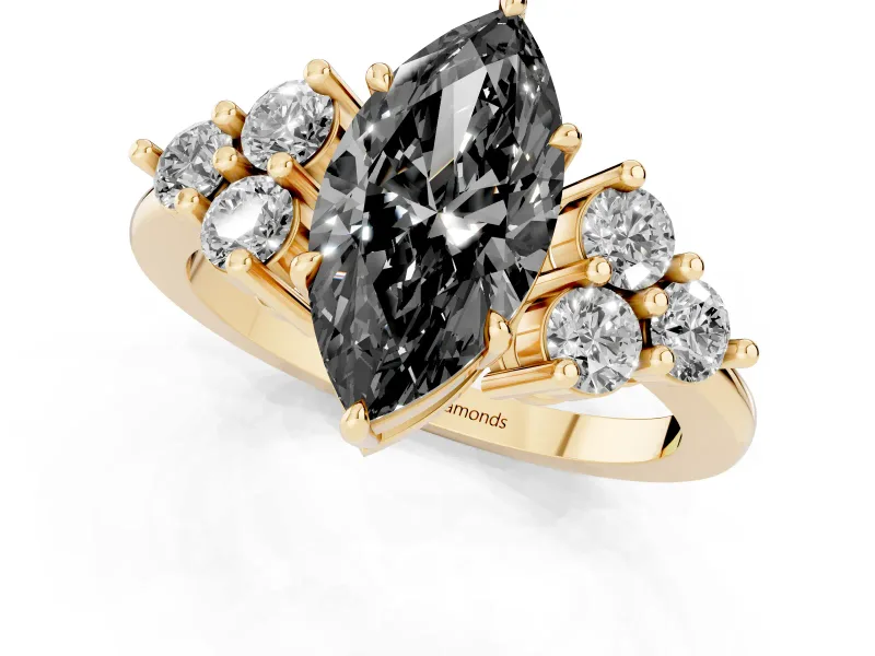 Marquise Cluster Side Stone Engagement Ring Setting for a Black Center | Plain Band | Yellow Gold