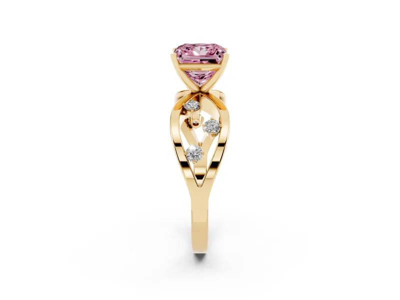 Fancy Pink Princess Cut Diamond Solitaire Ring Set in Yellow gold with Side Stones on Criss-Cross Band and Prong Setting