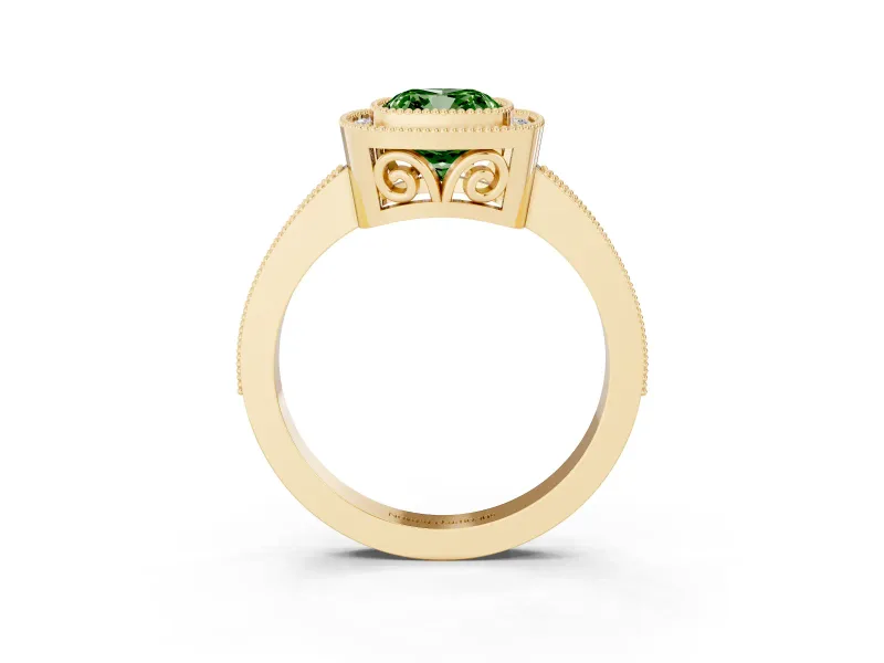 Fancy Green Cushion Cut Diamond Halo Ring Set in Yellow gold with Pavé Band and Milgrain-Edged Prongs