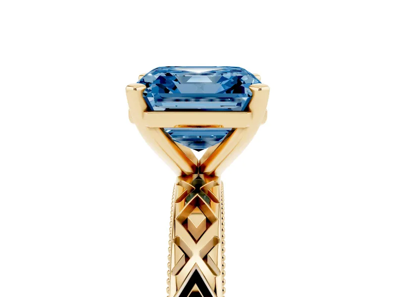 Asscher Cut Vintage Milgrain Engagement Ring Setting for a Fancy Blue Lab-Grown Diamond | X Pattern Band | Yellow Gold
