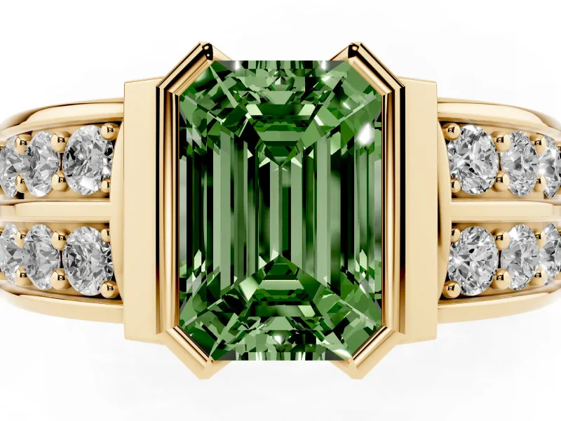 Emerald Cut Half Bezel Engagement Ring Setting for a Fancy Green Lab-Grown Diamond | Channel Band | Yellow Gold