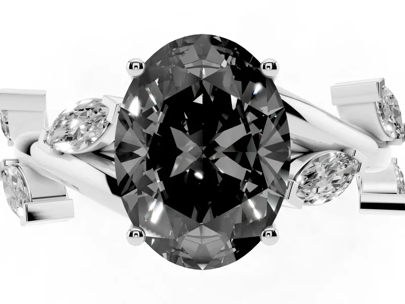 Fancy Black Oval Cut Diamond Solitaire Ring Set in Silver with Twisted Marquise Accent Band