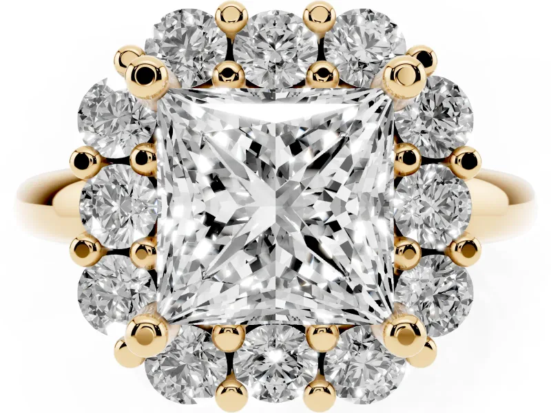 Princess Cut Cluster Halo Engagement Ring Setting | Large Round Accents | Yellow Gold