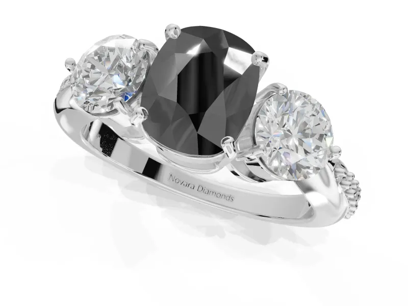 Cushion Cut Three Stone Engagement Ring Setting for a Black Center | Tapered Pavé Band | Platinum