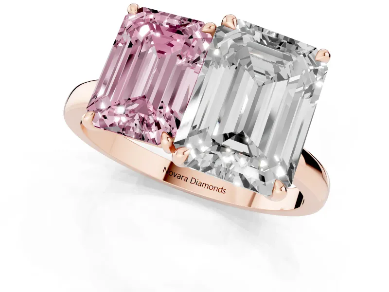 Fancy Pink Emerald Cut and Emerald Cut Toi Moi Ring Set in Rose gold with Prong Setting