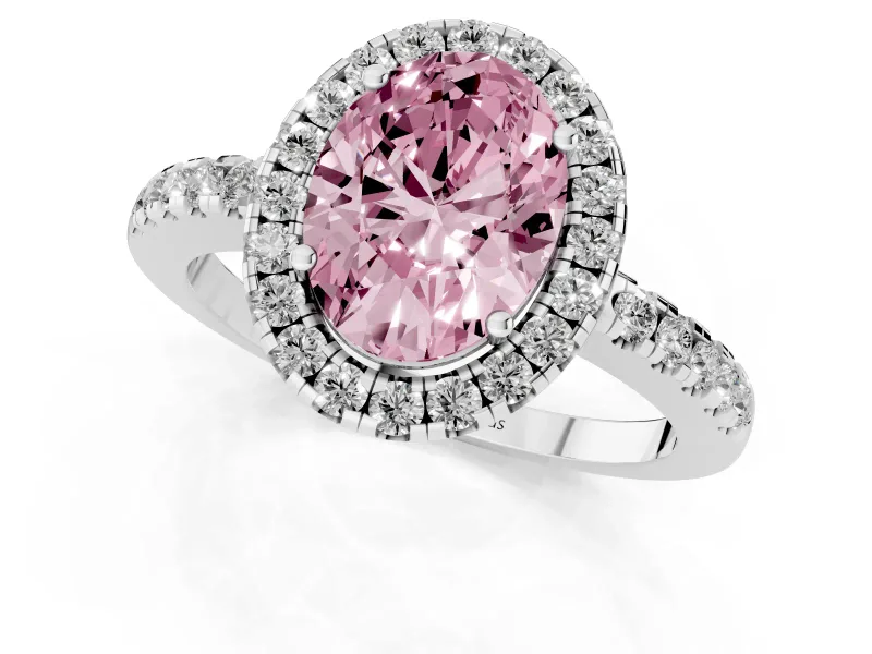 Fancy Pink Oval Cut Diamond Pavé Band Halo Engagement Ring Set in White gold with Prong Setting