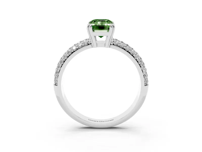 Emerald Cut Three Row Pave Engagement Ring Setting for a Fancy Green Lab-Grown Diamond | Double Claws | Sterling Silver