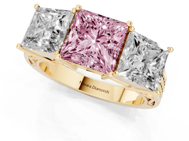 Princess Cut Three Stone Engagement Ring Setting for a Fancy Pink Lab-Grown Diamond | Beaded Shoulders | Yellow Gold