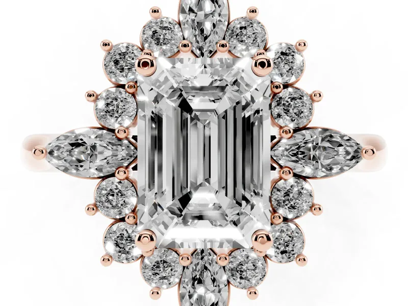 Emerald Cut Cluster Halo Engagement Ring Setting | Rose Gold