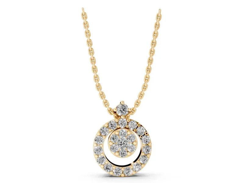 Round Lab-Grown Diamond Offset Cluster Circle Pendant | Pavé Outline | Yellow Gold