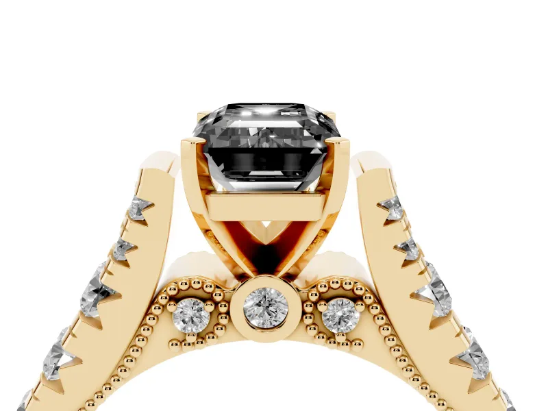 Fancy Black Emerald Cut Diamond Classic Solitaire Ring Set in Yellow gold with Pavé Band and Prong Setting