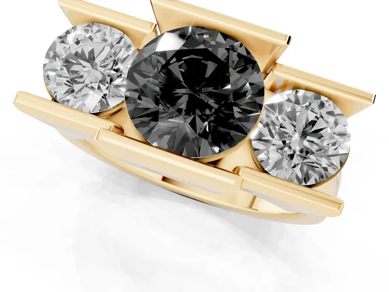 Fancy Black Round Cut Diamond Three-Stone Channel Set Ring Set in Yellow gold with Smooth Polished Band