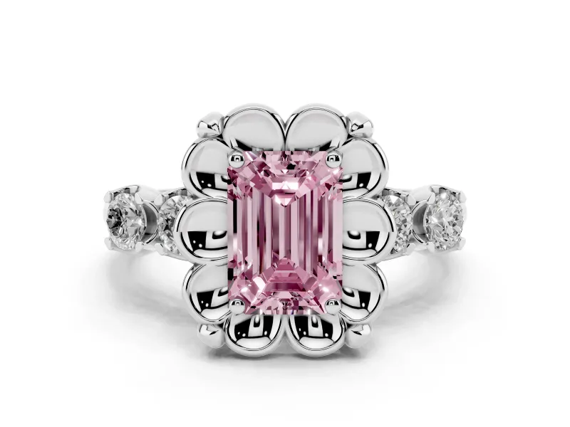 Fancy Pink Emerald Cut Diamond Floral Halo Ring Set in Silver with Shared Prong Band