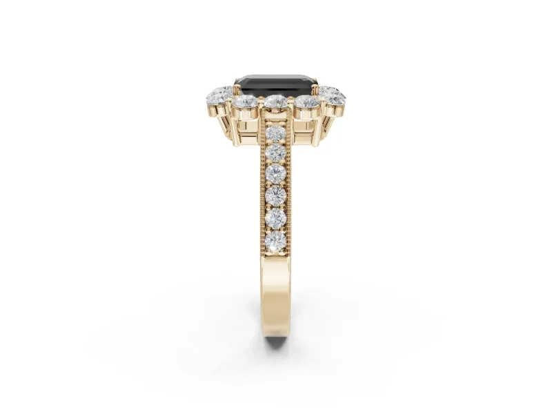 Emerald Cut Vintage Halo Engagement Ring Setting for a Black Center | Yellow Gold