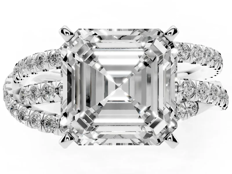 Asscher Cut Diamond Solitaire Twist Band Ring Set in Silver with Pavé Setting and Prong Head