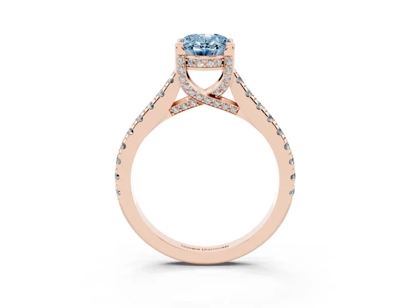Oval Hidden Halo Pave Engagement Ring Setting for a Fancy Blue Lab-Grown Diamond | Claw Prongs | Rose Gold