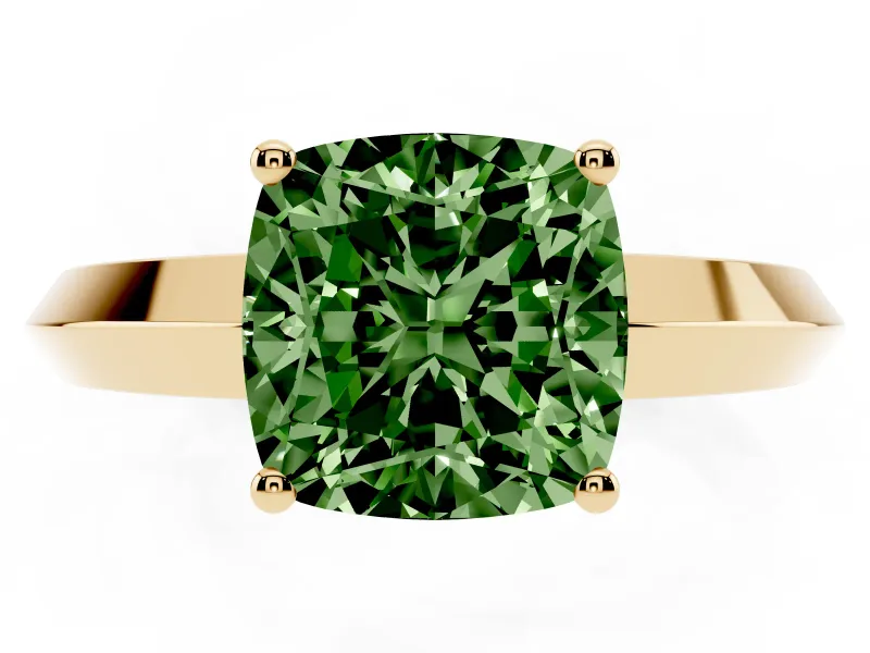 Fancy Green Cushion Cut Diamond Solitaire Engagement Ring Set in Yellow gold with Flat Band and Prong Setting