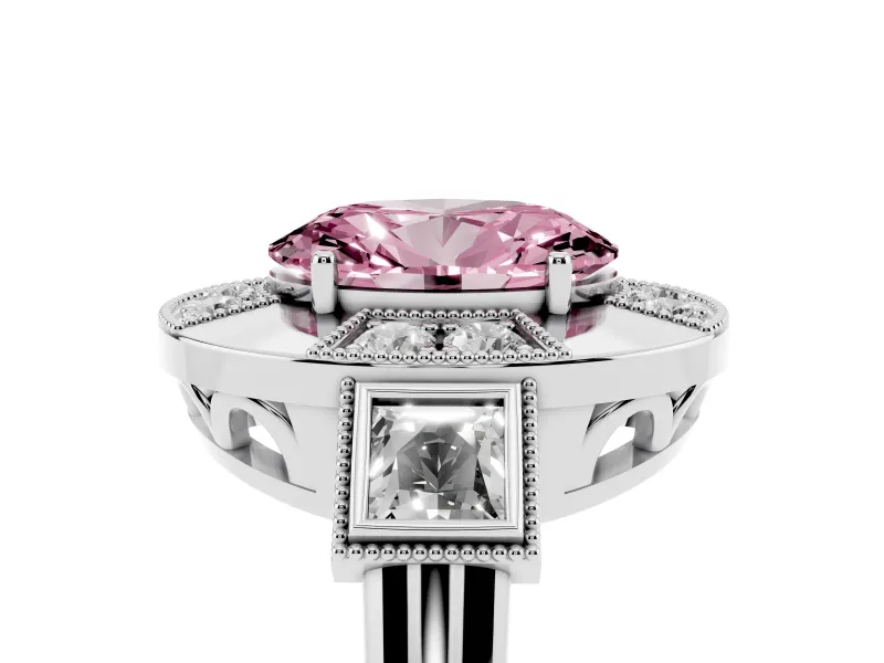 Fancy Pink Oval Cut Diamond Milgrain Halo Ring Set in Platinum with Split Shank