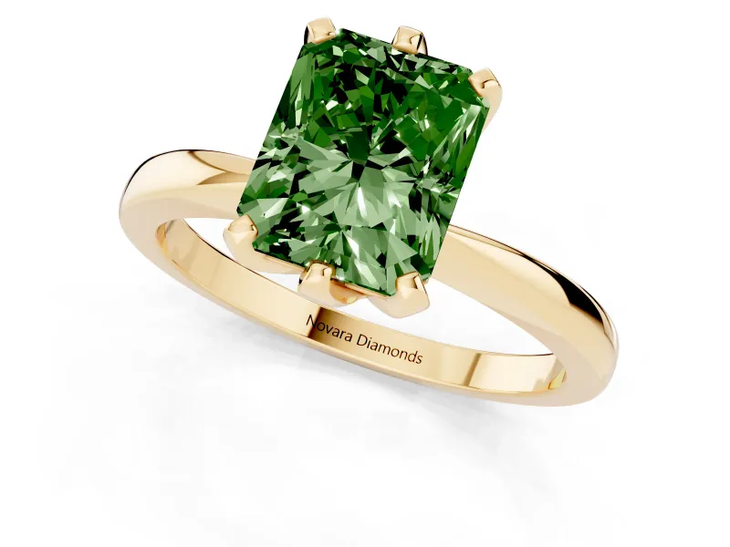 Fancy Green Radiant Cut Diamond Solitaire Engagement Ring Set in Yellow gold with Slim Tapered Solitaire Band